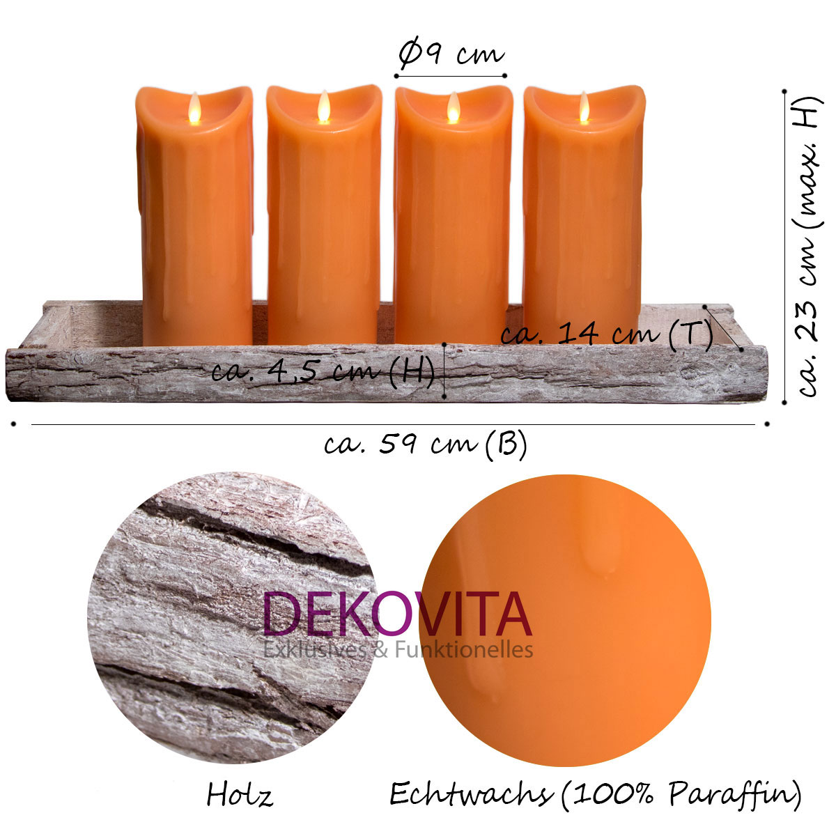LED-Echtwachskerzen, 4er Set 23cm, Orange, Wachstropfendesign mit Holztablett aus Birke