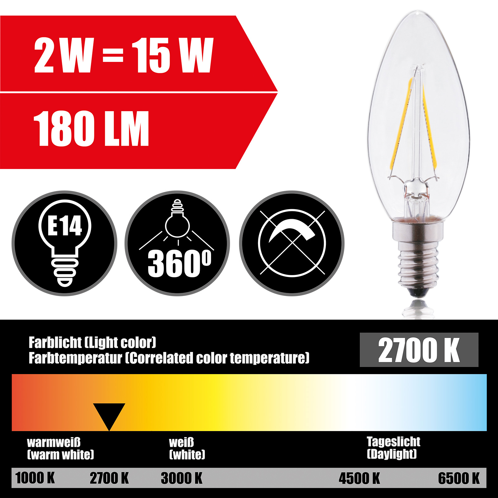 LEDLUM 10er Pack E14 Kerze 1,8 Watt Klarglas 101001/201001