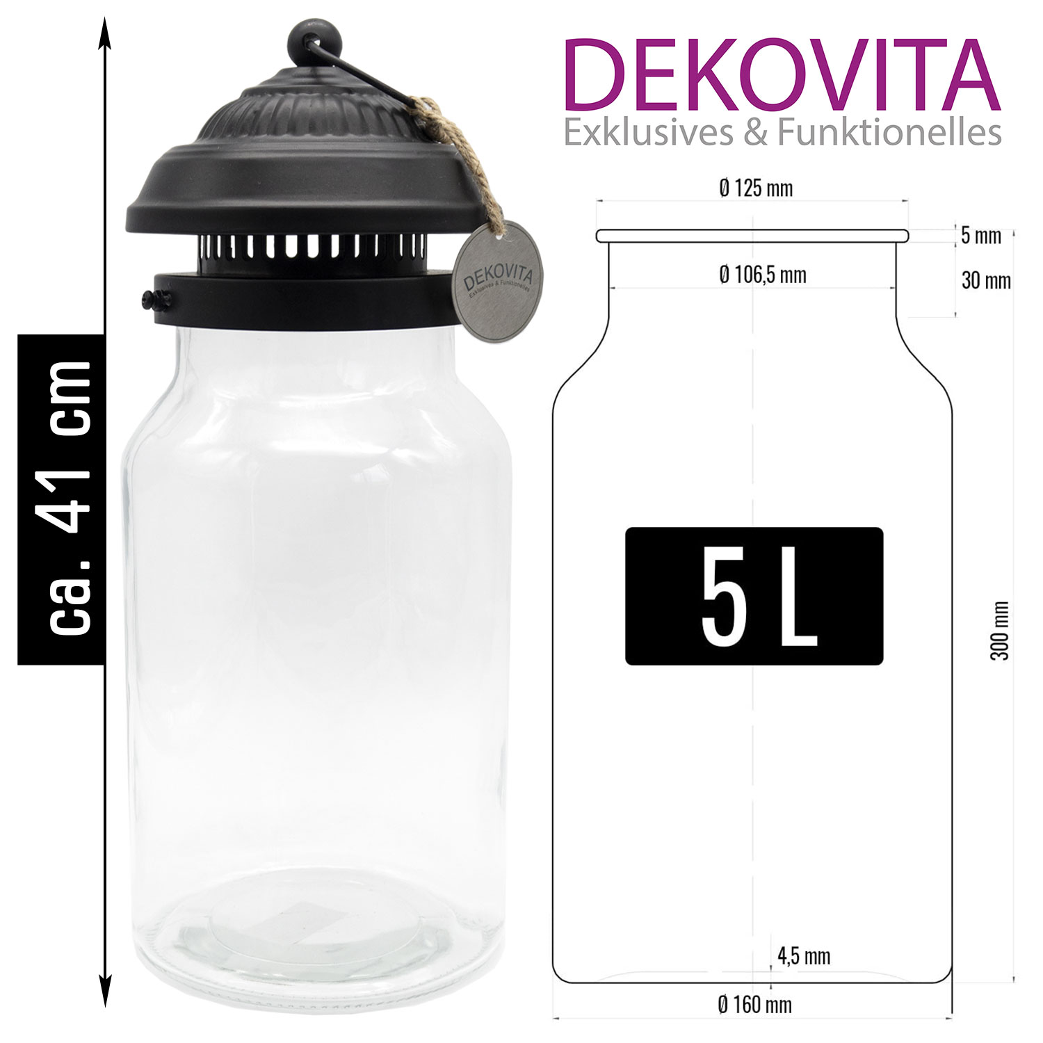 Dekovita, Glaslaterne mit schwarzem Deckel - Ø16x41cm Dekoglas Terrariumglas