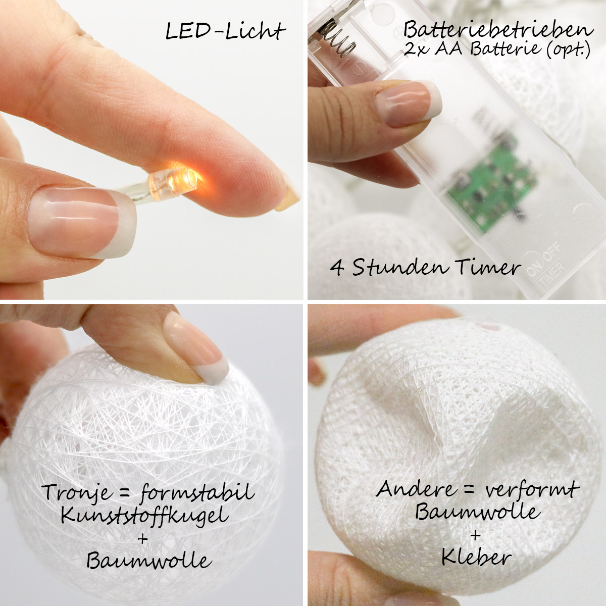 LED-Lichtkugeln, Weiße Edition, 20er Kette, Batteriebetrieben