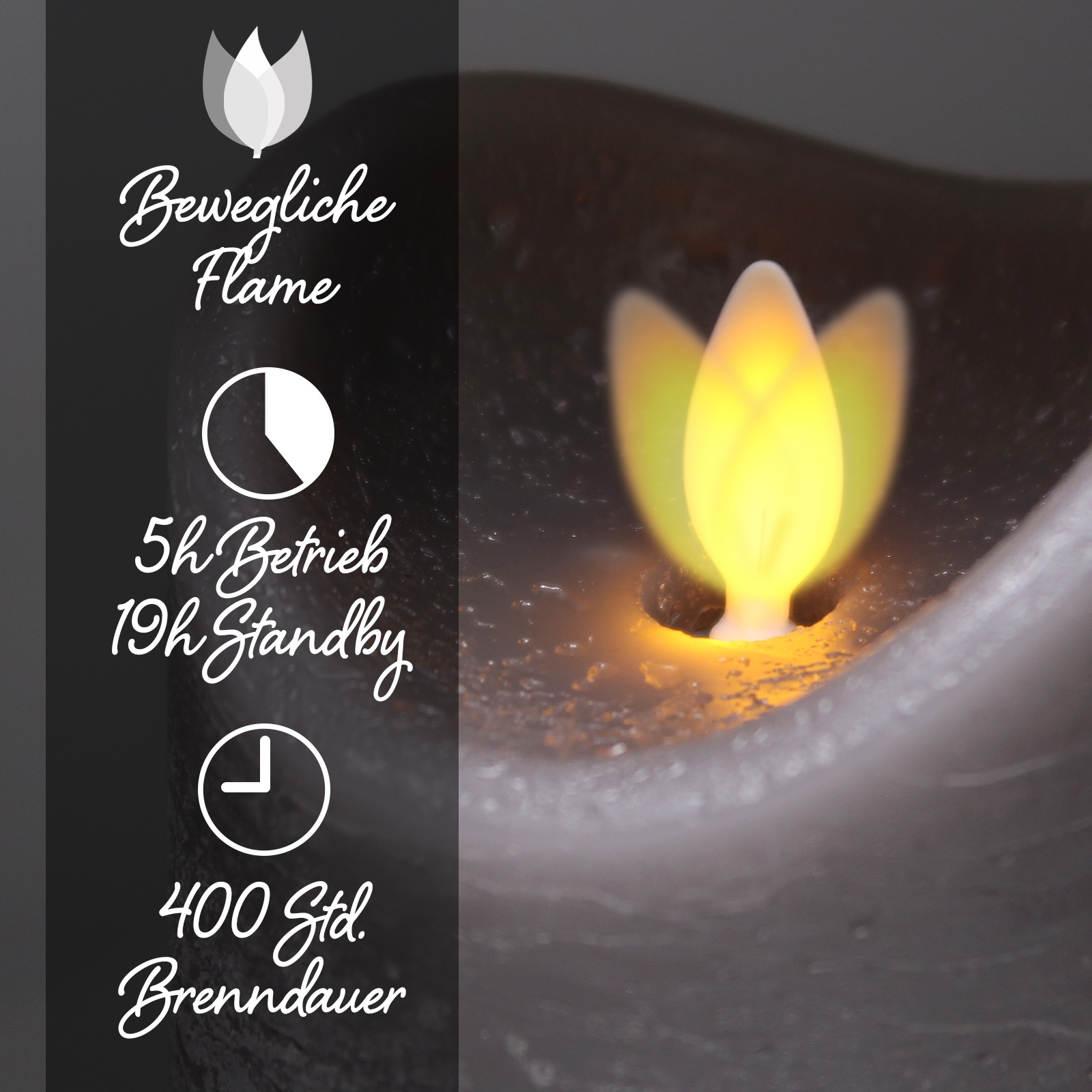 Tronje, LED-Echtwachskerze 3er Set - 13/15/18cm Grau Rustik mit Fernbedienung - Kerzenlichtsimulation