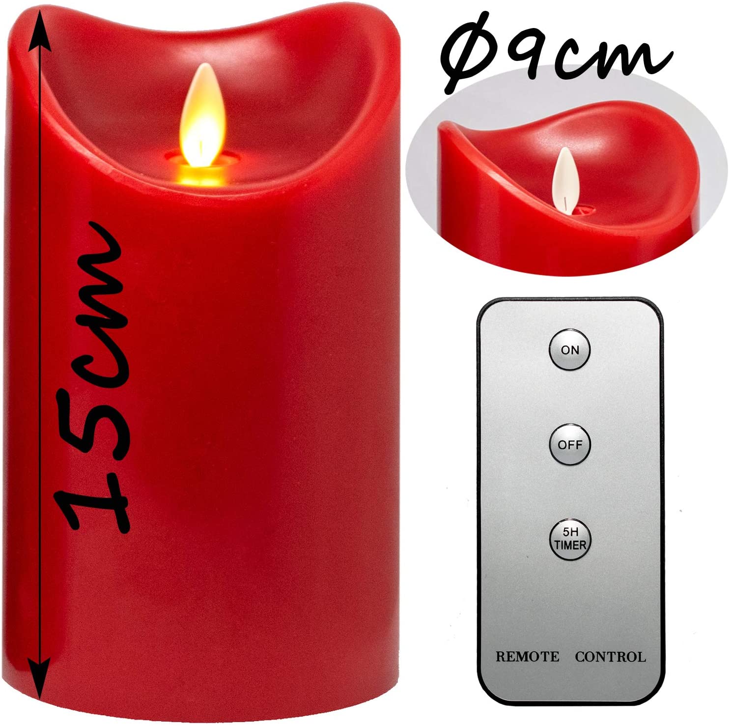 LED-Echtwachskerze, 4er Set, 15cm, Rot, mit Fernbedienung