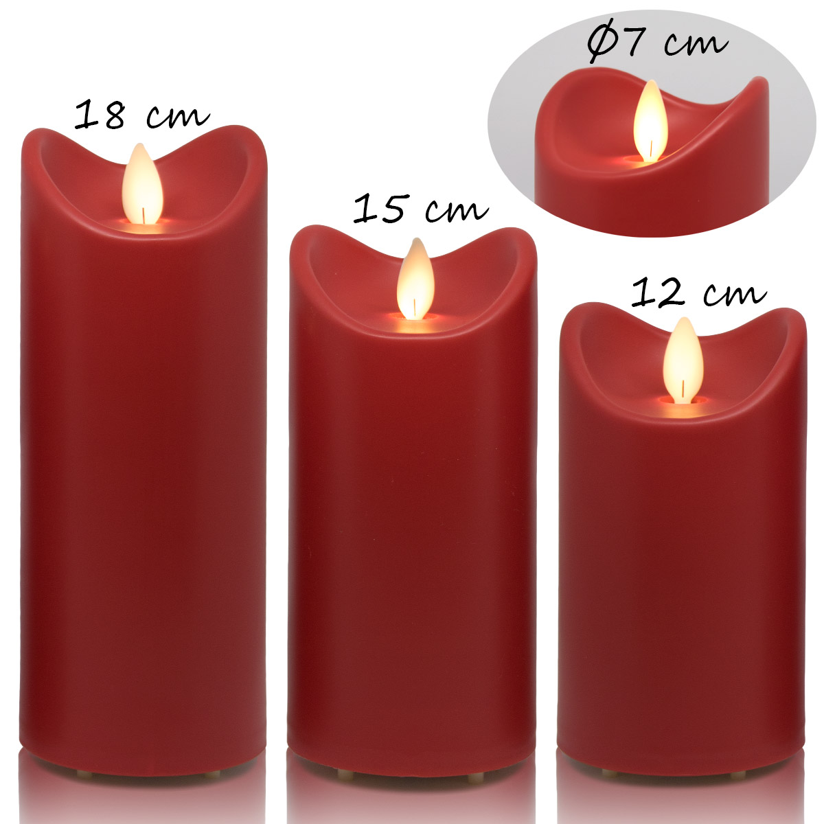 LED-Kunstharzkerzen, 3er Set mit Fb., Rot, Höhe: 13cm + 15cm + 18cm, IP44 Outdoor Kerze