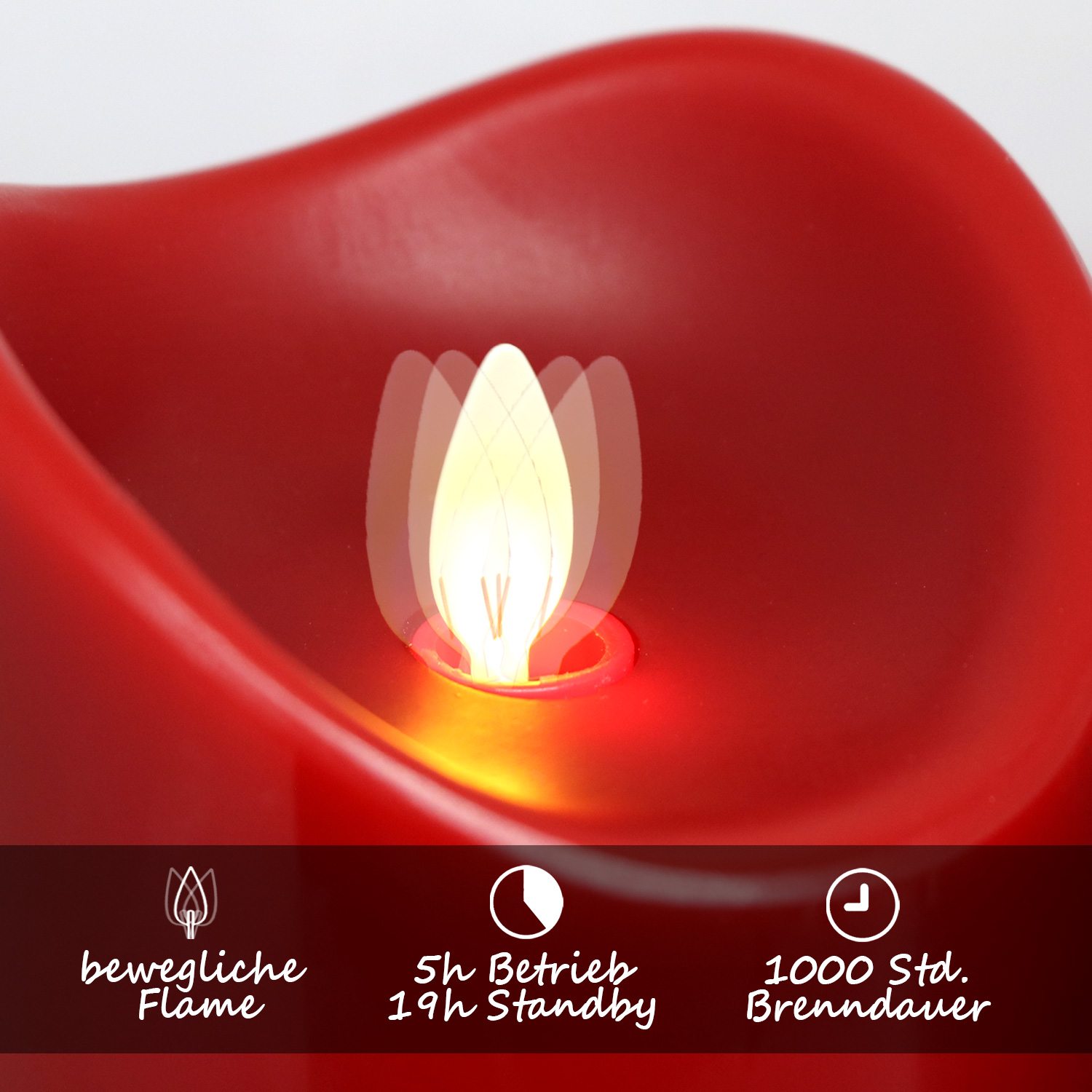 LED-Echtwachskerze, 19cm, Rot, mit FB, Kerzenlichtsimulation