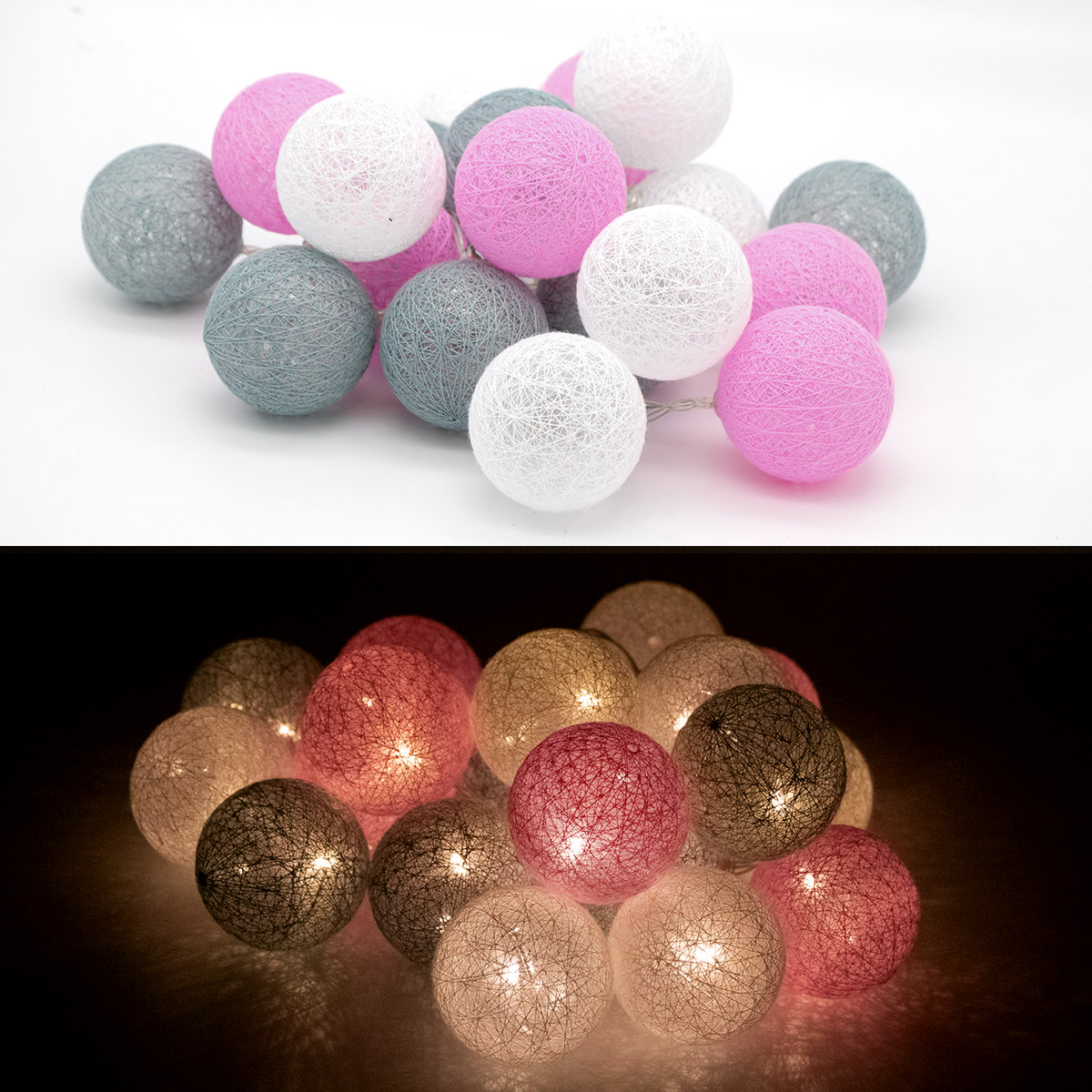LED-Lichtkugeln, Pink-Grau Edition, 20er Kette, Batteriebetrieben
