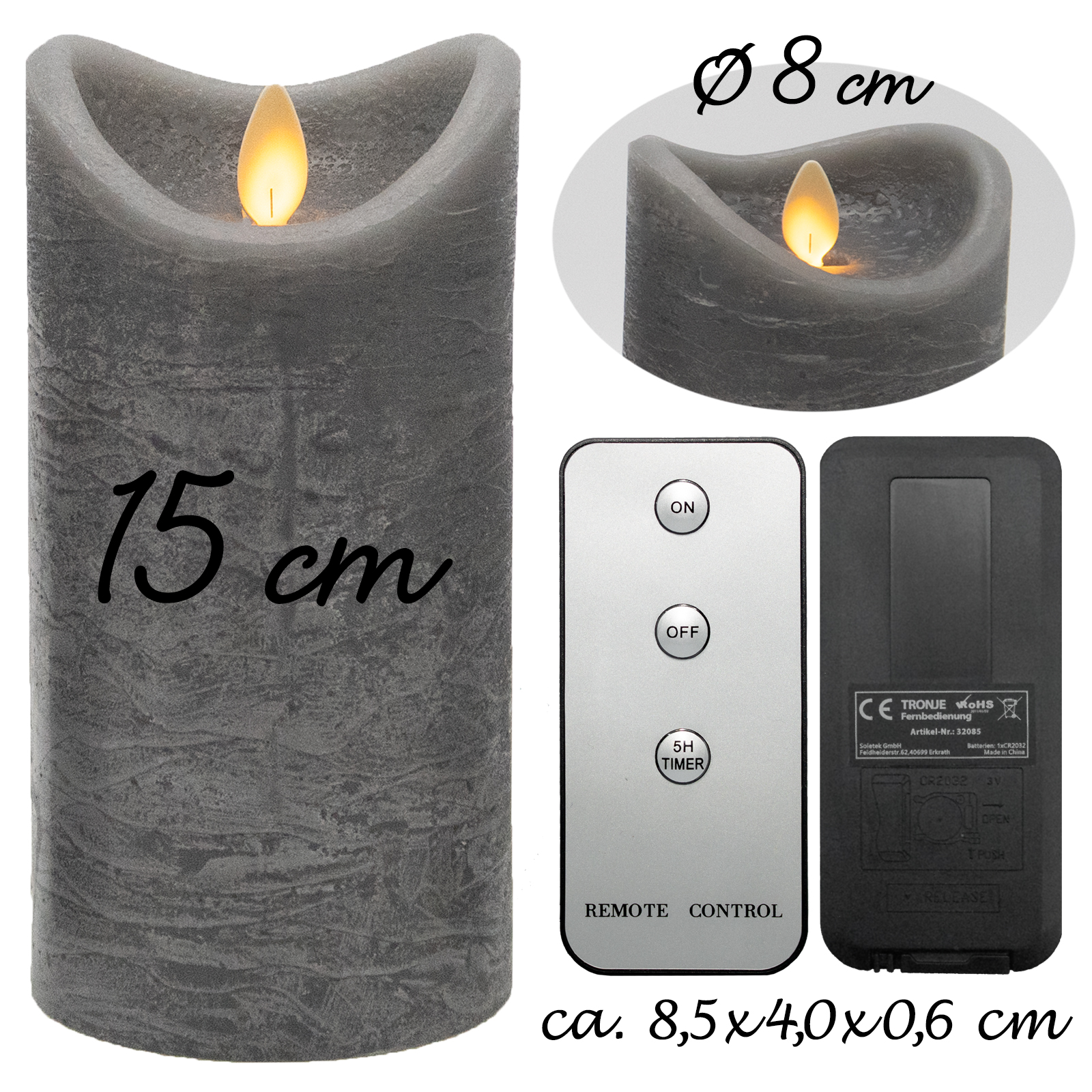 Tronje, LED-Echtwachskerze Ø8x15cm Grau Rustik mit Fernbedienung - Kerzenlichtsimulation