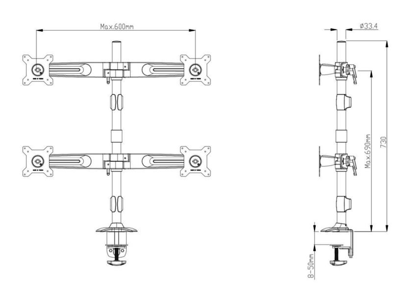 Wandhalterung, Tronje, 4-fach, TC742 + TS440, (TC744) 4fach-LCD-Halterung, 38cm-60cm (15"-24") bis 8kg / Arm Tragkraft