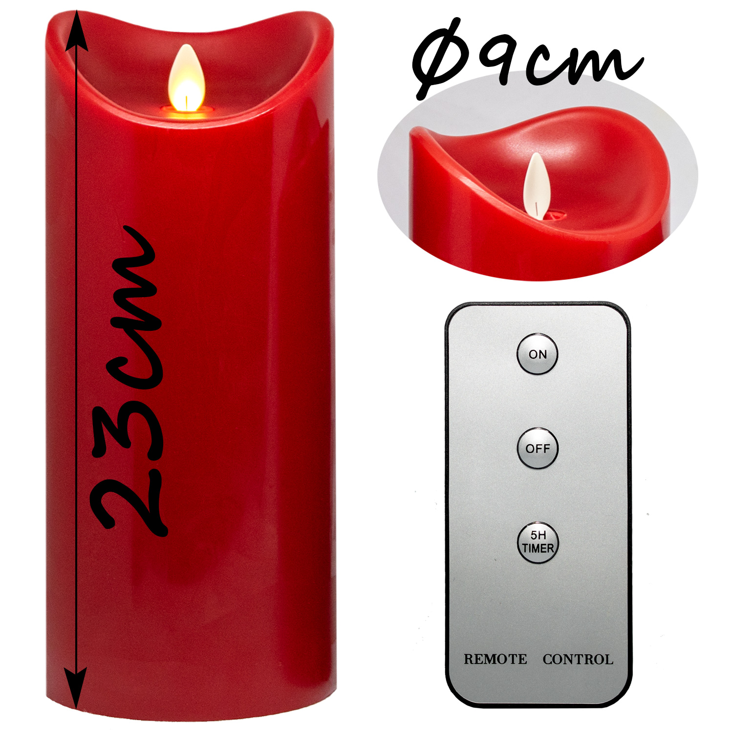 LED-Echtwachskerze, 23cm, Rot, mit FB, Kerzenlichtsimulation