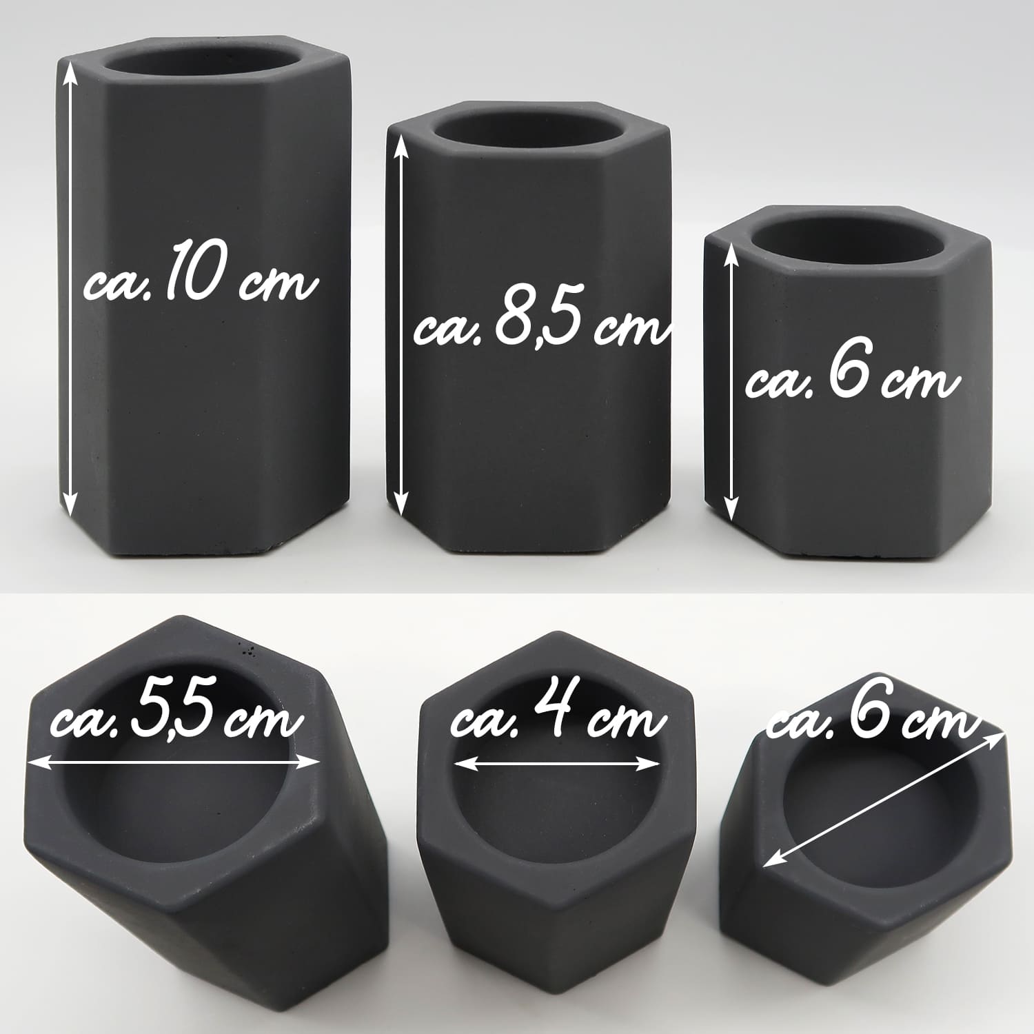 Dekovita, Teelichthalter rund Ø6 x 6/8,5/10 cm - 3er Set Steinoptik Dunkelgrau