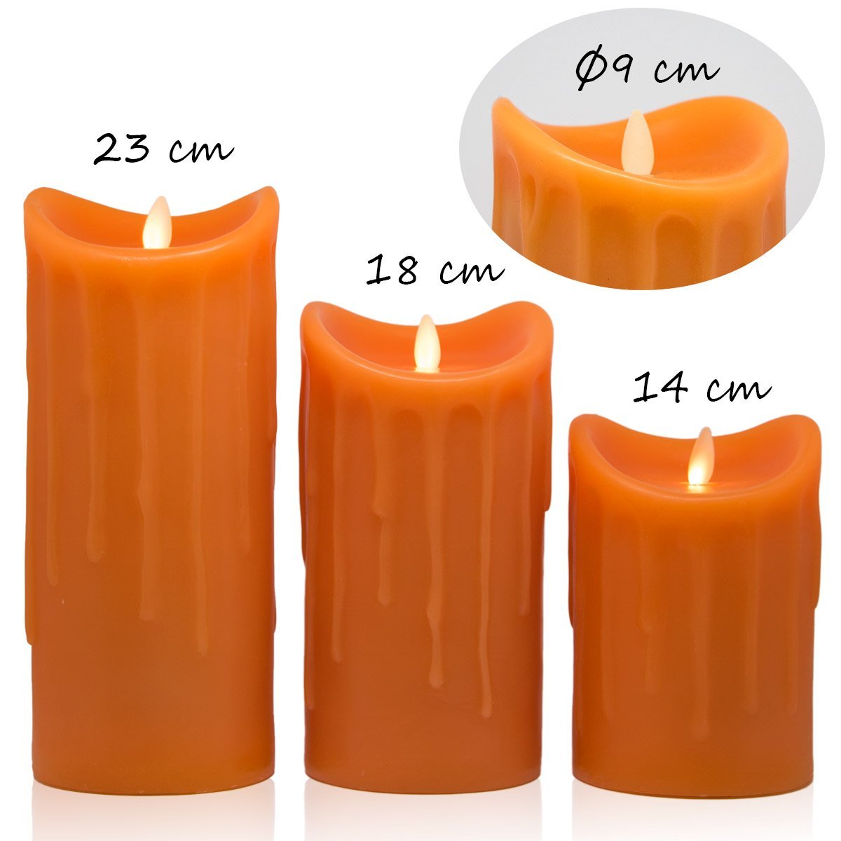 LED-Echtwachskerze mit "Flamme", Orange, 18 cm, Wachstropfendesign