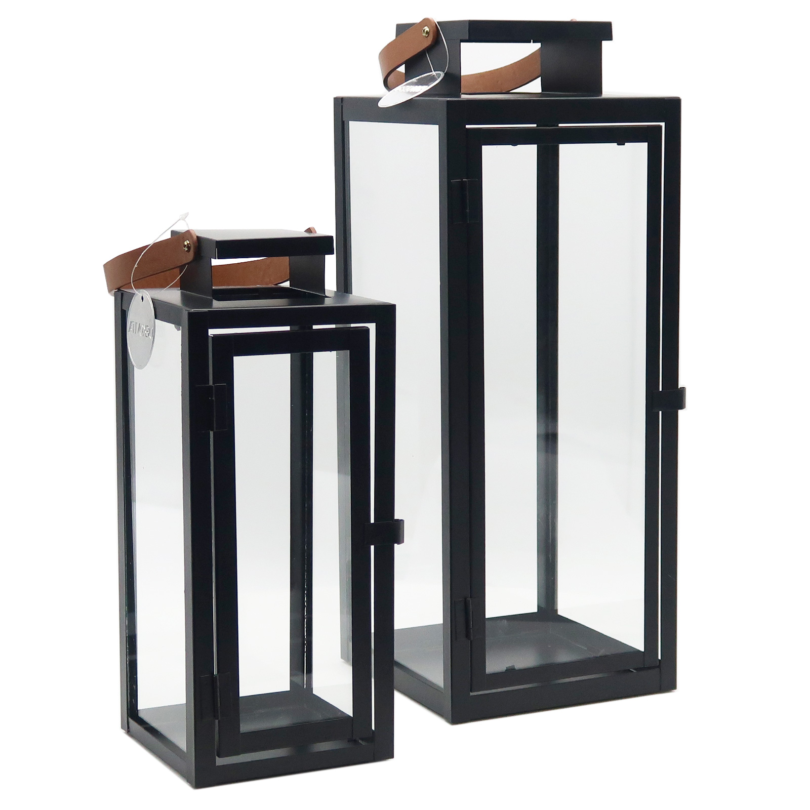 Dekovita, Laterne Metall Schwarz - Henkel Braun - 2er Set: 30cm / 42cm