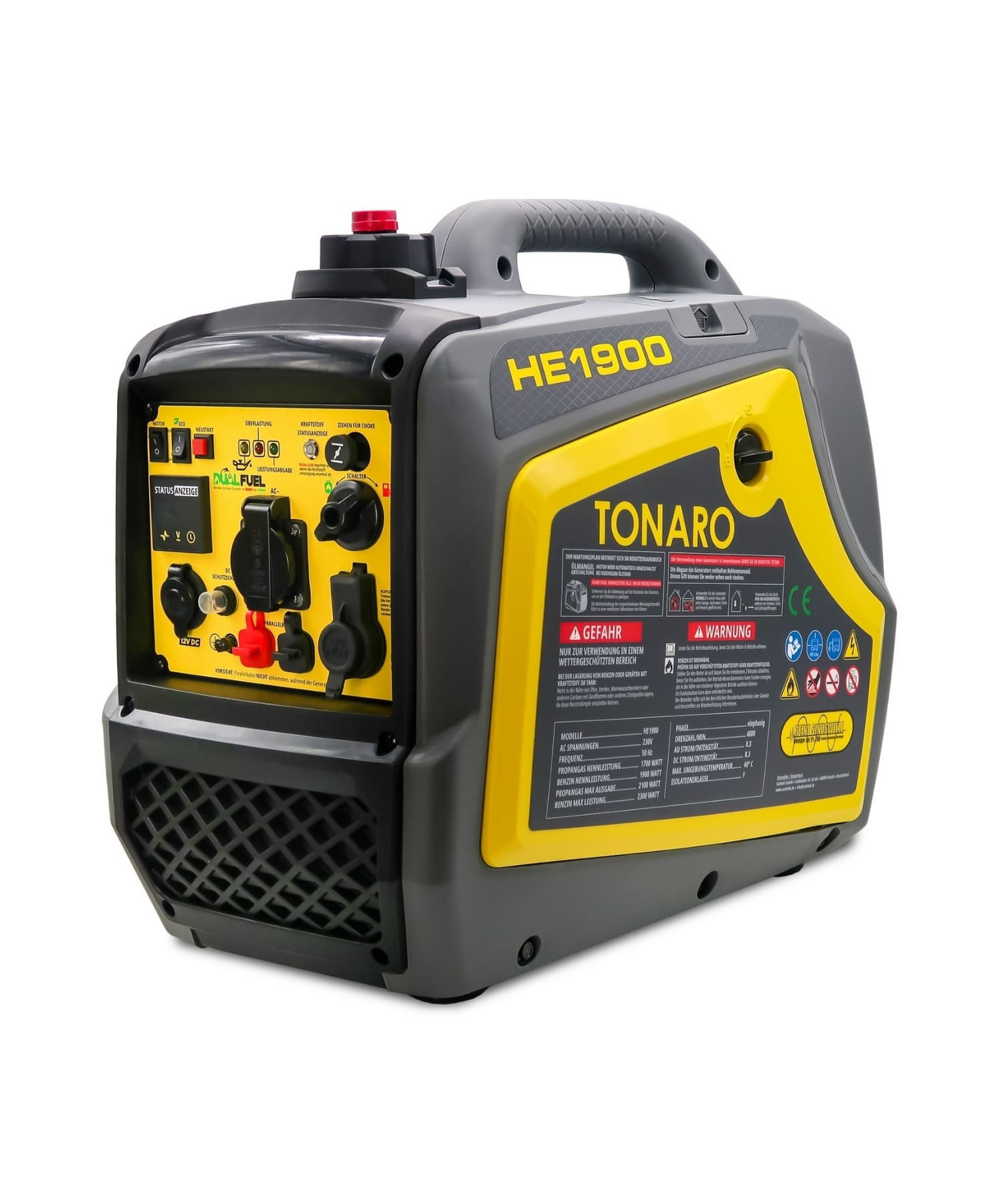 TONARO Inverter-Stromgenerator HE 1900-2300 W – Dual-Fuel (Benzin / Propangas)