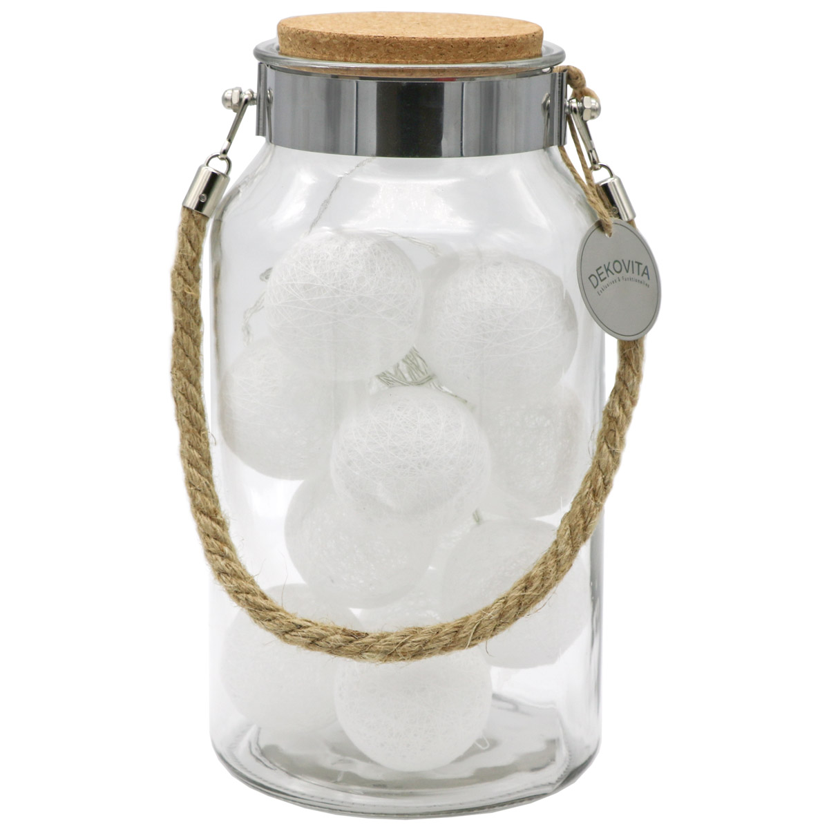 Dekovita Dekoglas mit Deckel + LED-Lichtkugeln, Weiße Edition, 10er Kette,