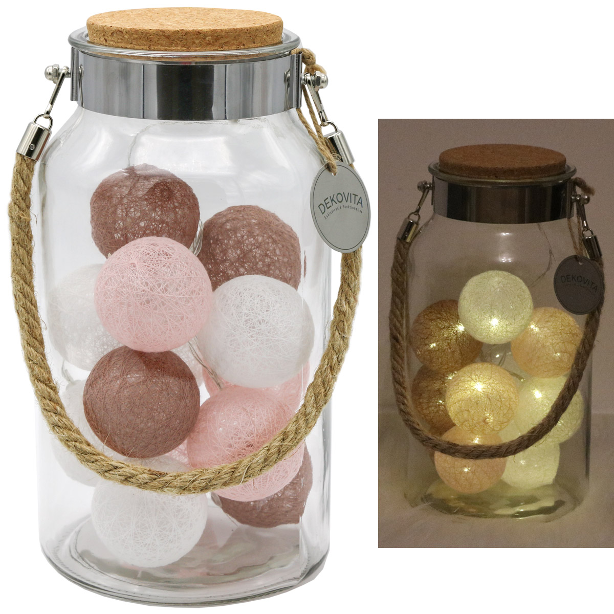 Dekovita Dekoglas mit Deckel + LED-Lichtkugeln, Braun-Rosa Edition, 10er Kette,