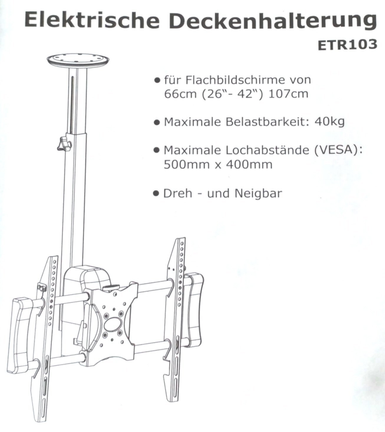 Wandhalterung, Tronje ETR103, Motor-Deckenhalterung, 66cm-106cm (26"-42") bis 40kg Tragkraft VESA 500x400
