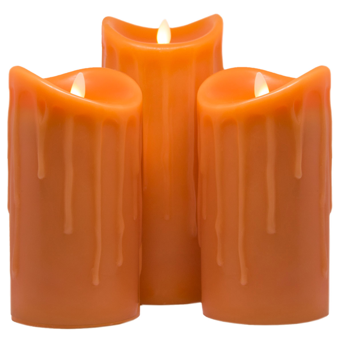 LED-Echtwachskerzen, 3er Set, Orange, 18cm + 18cm + 23cm, Wachstropfendesign