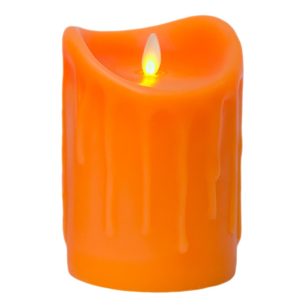 LED-Echtwachskerze mit "Flamme", Orange, 14 cm, Wachstropfendesign