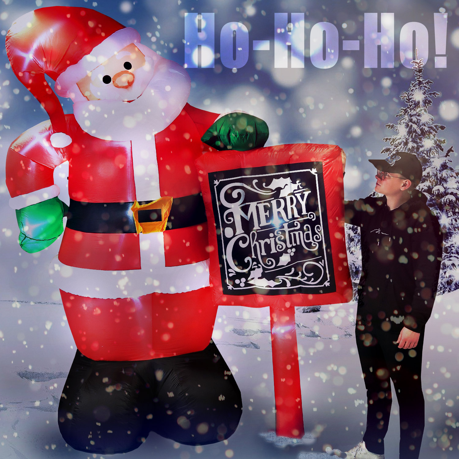 Tronje, Aufblasbarer Weihnachtsmann mit "Merry Christmas" Schild - 350cm 5 LEDs Gebläse Netzteil