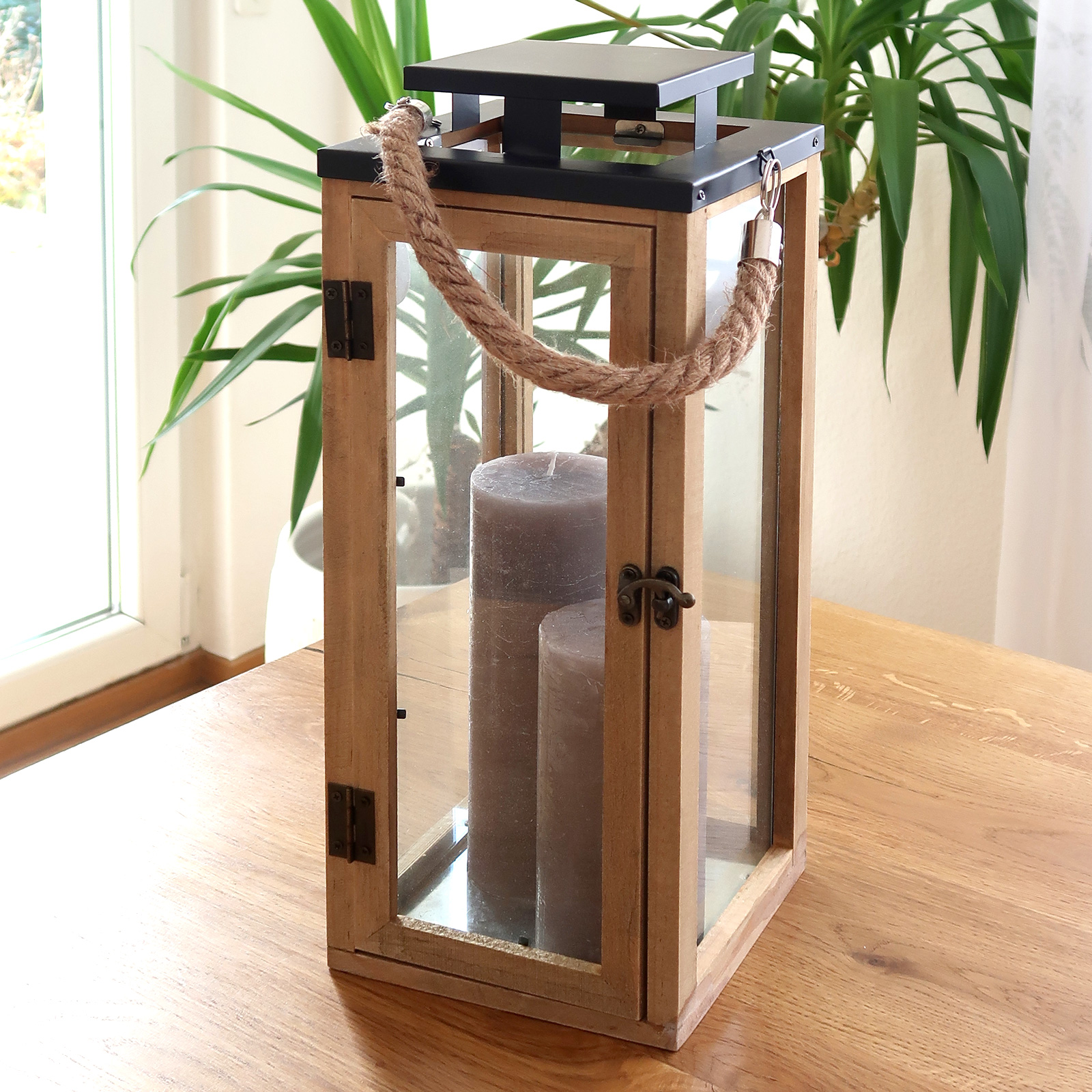 Dekovita 42cm Holz-Laterne - Gartenlaterne mit Glas-Scheiben und Kordel-Henkel 