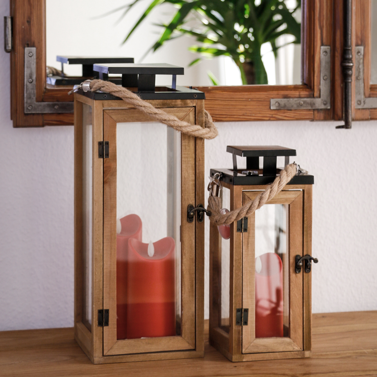 Dekovita 30cm Holz-Laterne - Gartenlaterne mit Glas-Scheiben und Kordel-Henkel
