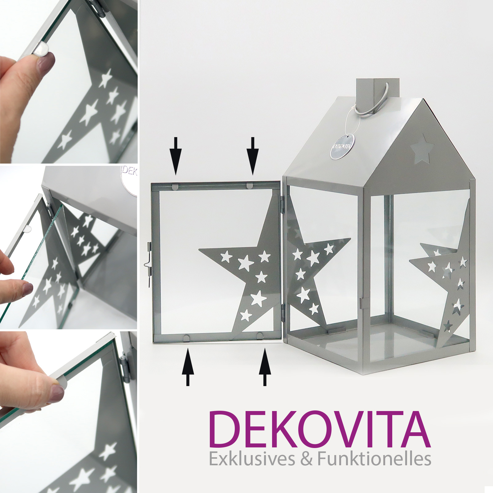 Dekovita, Laterne Metall Grau - Sternmotive - 2er Set: 30cm / 38cm