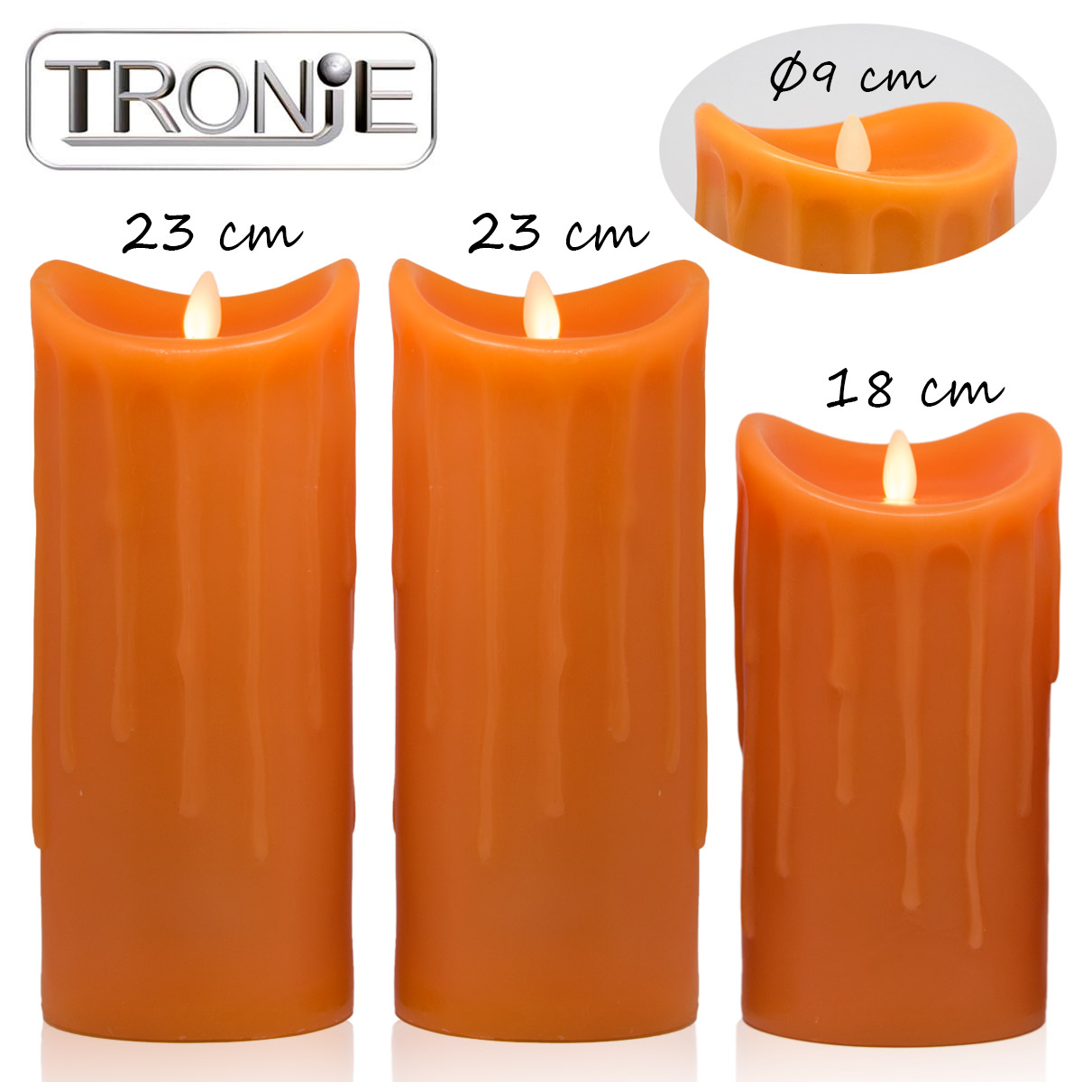 LED-Echtwachskerzen, 3er Set, Orange, 18cm + 23cm + 23cm, Wachstropfendesign
