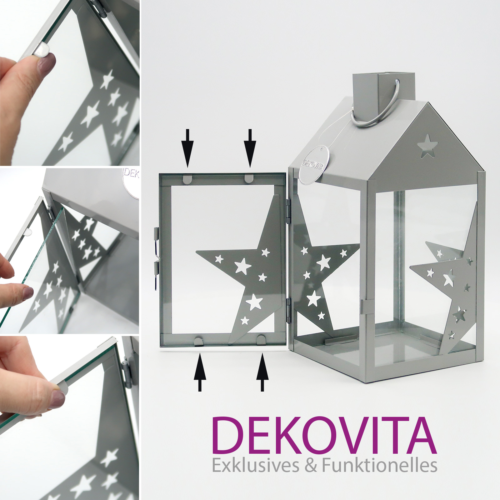 Dekovita, Laterne Metall Grau - Sternmotive 15x15x30cm
