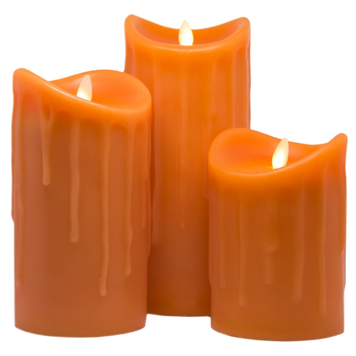 LED-Echtwachskerzen, 3er Set, Orange, 14cm 18cm und 23cm, Wachstropfendesign