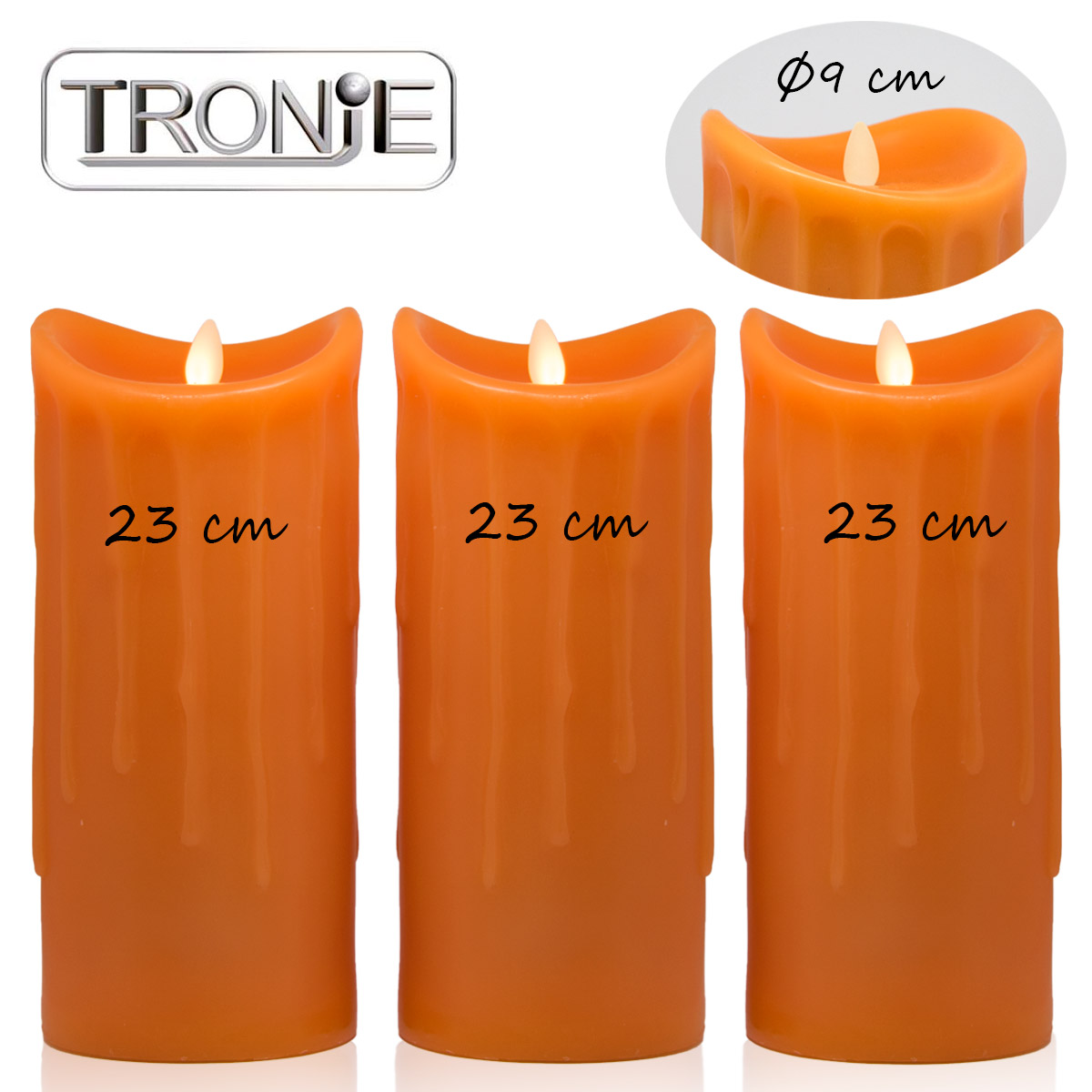 LED-Echtwachskerzen, 3er Set, Orange, 23cm + 23cm + 23cm, Wachstropfendesign