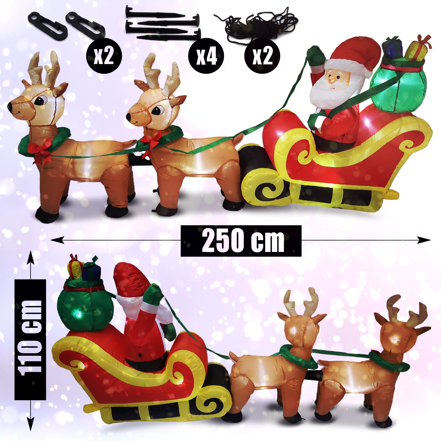 Tronje, Aufblasbare Rentierschlitten mit Weihnachtsmann - 250cm 5 LEDs Gebläse Netzteil