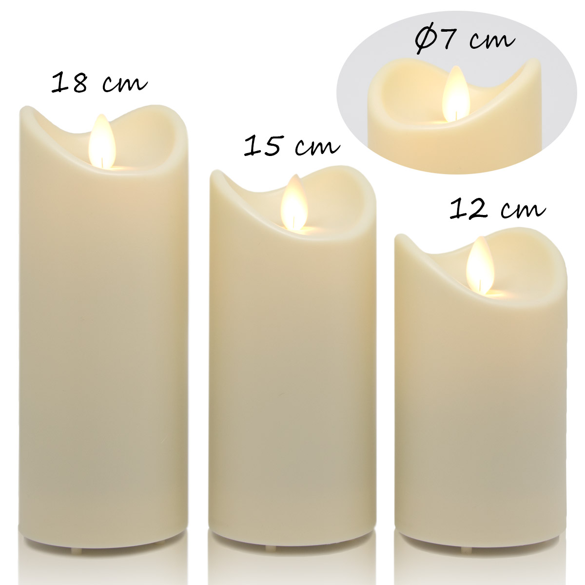 LED-Kunstharzkerzen, 3er Set mit Fb., Weiß, Höhe: 13cm + 15cm + 18cm, IP44 Outdoor Kerze