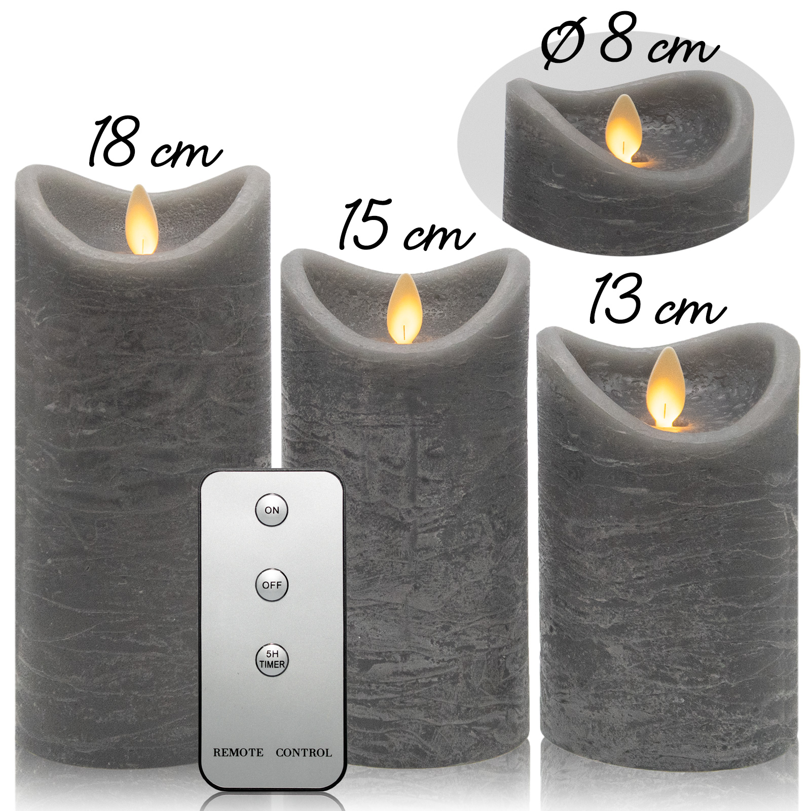 Tronje, LED-Echtwachskerze 3er Set - 13/15/18cm Grau Rustik mit Fernbedienung - Kerzenlichtsimulation